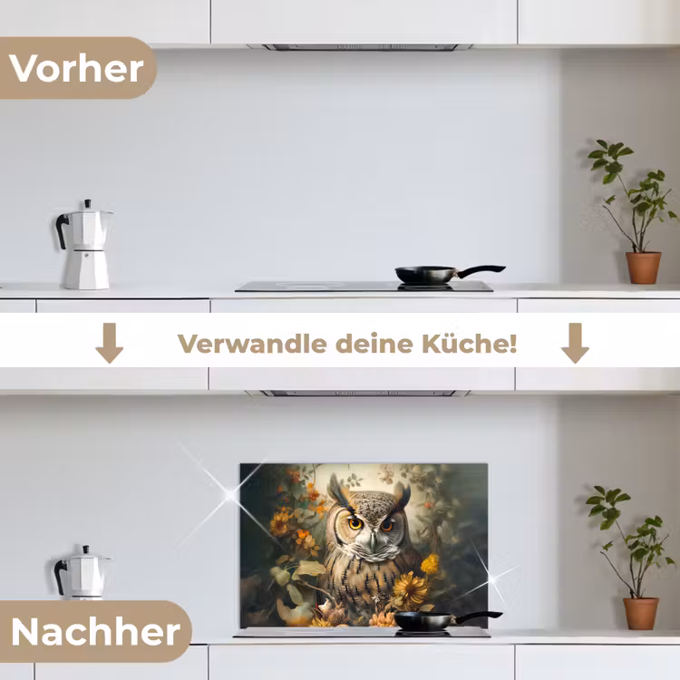 Uil - Vogels - Bloemen - Natuur keuken achterwand spatscherm klein -voor_na_DE