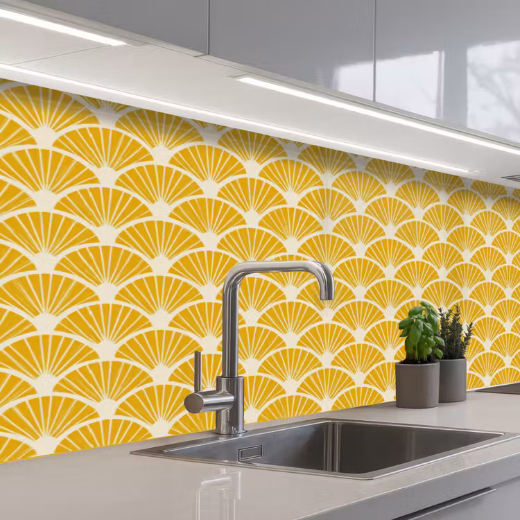 Waaiers - Art Deco - Retro - Okergeel keuken achterwand 2 middel 871 -3d_schuin