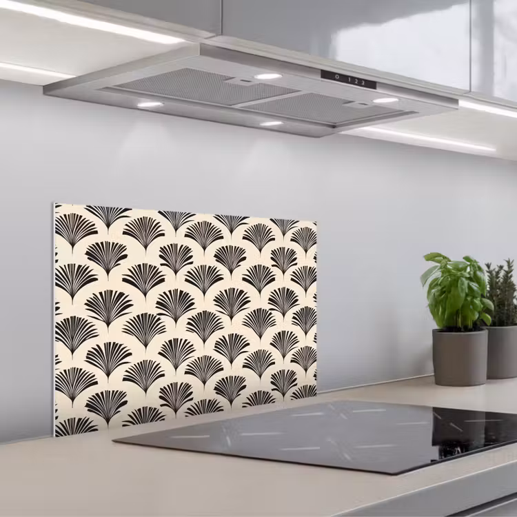 Waaiers - Botanisch - Zwart - Beige keuken achterwand spatscherm klein 900 -3d_schuin