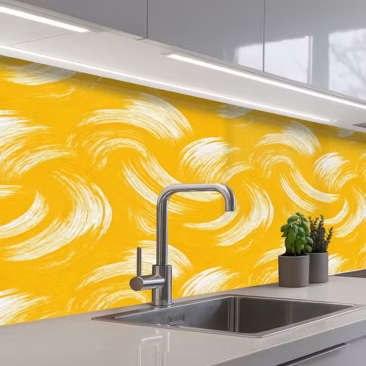 Verfstreken - Abstract - Dynamisch - Geel keuken achterwand 2 middel 871 -3d_schuin