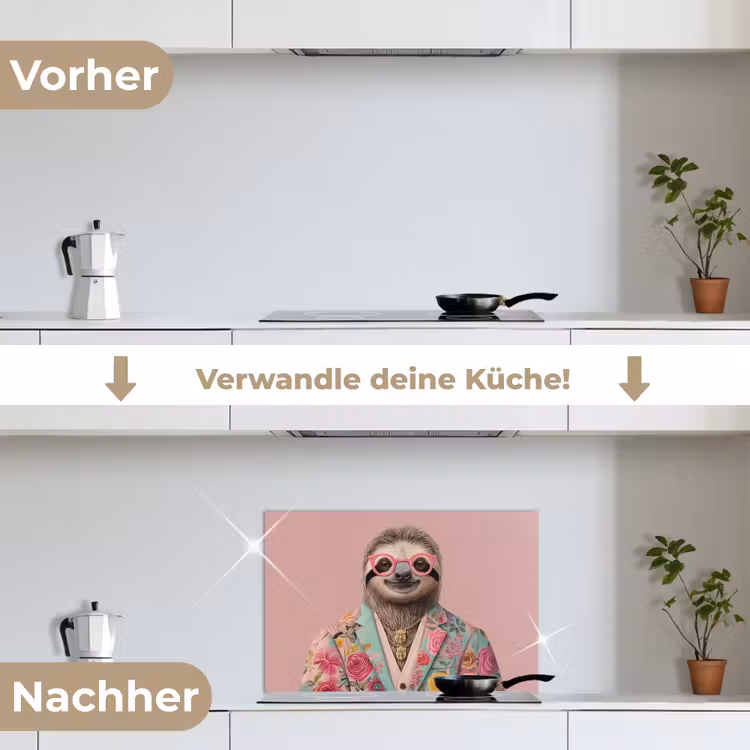 Luiaard - Bloemenprint - Bril - Roze keuken achterwand spatscherm klein -voor_na_DE