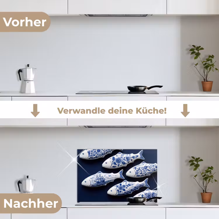 Vissen - Delfts - Blauw - Keramiek keuken achterwand spatscherm klein -voor_na_DE