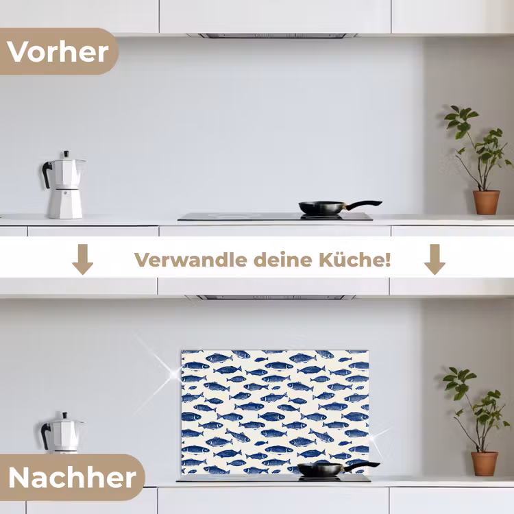 Vissen - Patroon - Blauw - Wit keuken achterwand spatscherm klein 900 -voor_na_DE