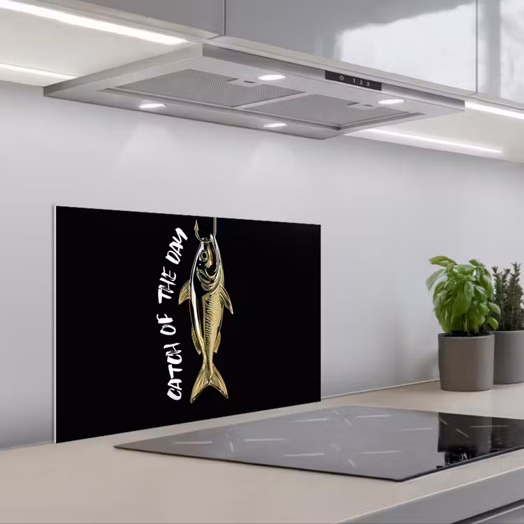 Vis - Zwart - Goud - Tekst keuken achterwand spatscherm klein -3d_schuin