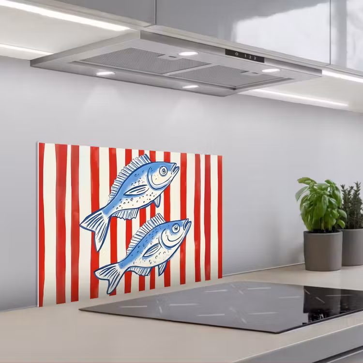 Vissen - Verticale strepen - Blauw - Rood keuken achterwand spatscherm klein -3d_schuin