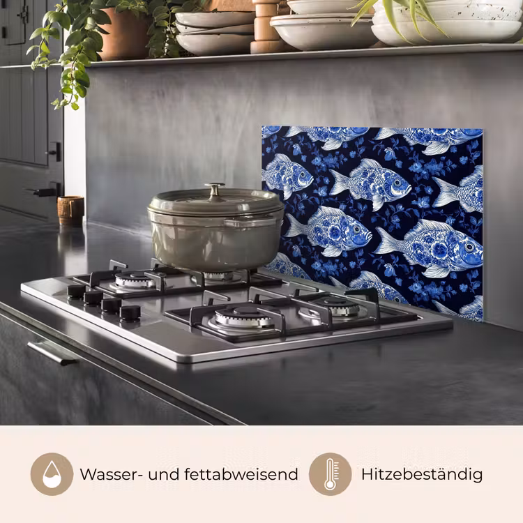 Vissen - Bloemen - Blauw keuken achterwand spatscherm klein 900 -usp_DE