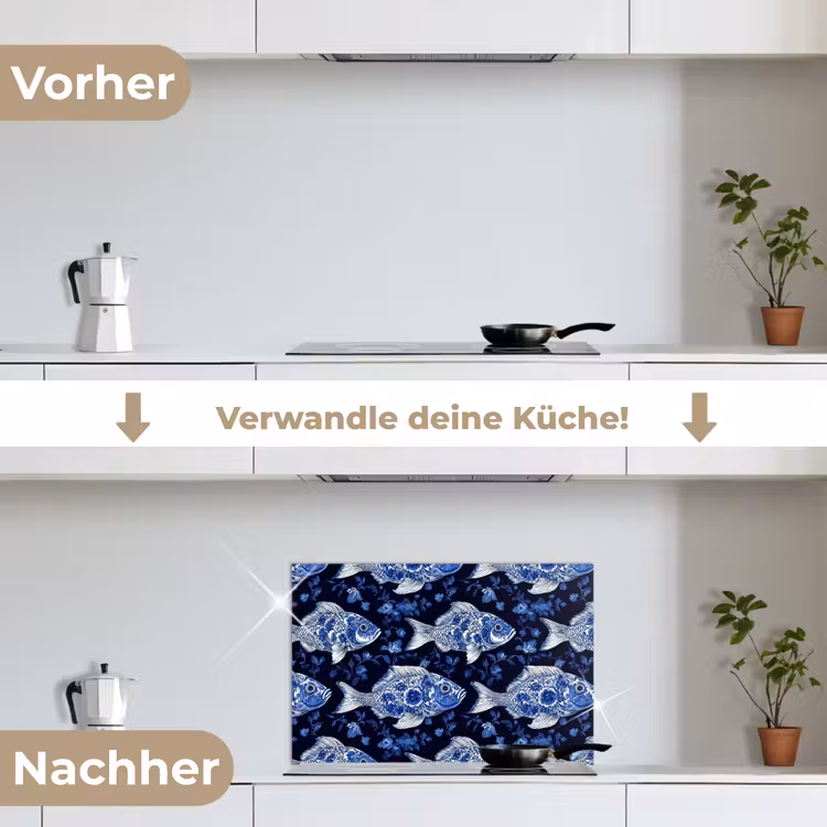 Vissen - Bloemen - Blauw keuken achterwand spatscherm klein 900 -voor_na_DE