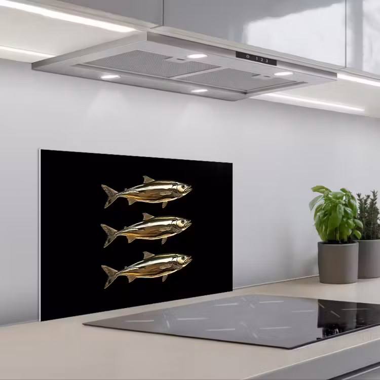 Vissen - Goud - Zwart keuken achterwand spatscherm klein -3d_schuin