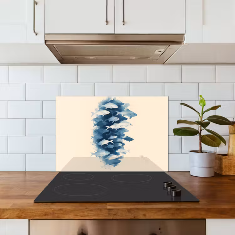 Vissen - Minimalistisch - Blauw keuken achterwand spatscherm klein -sfeer2
