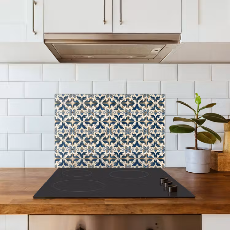 Tegel - Patroon - Blauw - Beige keuken achterwand spatscherm klein 900 -sfeer2