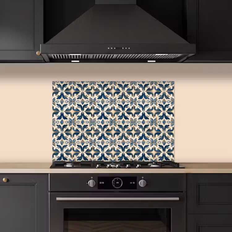 Tegel - Patroon - Blauw - Beige keuken achterwand spatscherm klein 900 -sfeer1