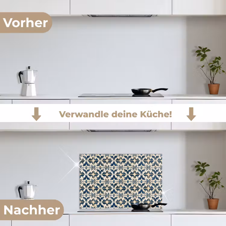 Tegel - Patroon - Blauw - Beige keuken achterwand spatscherm klein 900 -voor_na_DE