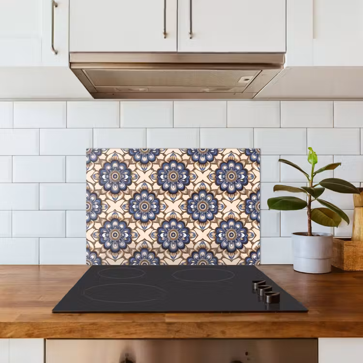 Floraal - Ornament - Blauw keuken achterwand spatscherm klein 900 -sfeer2