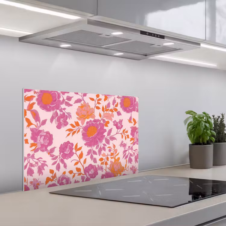 Bloemenpatroon - Roze - Oranje - Bloemen keuken achterwand spatscherm klein -3d_schuin