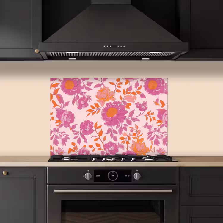 Bloemenpatroon - Roze - Oranje - Bloemen keuken achterwand spatscherm klein -sfeer1
