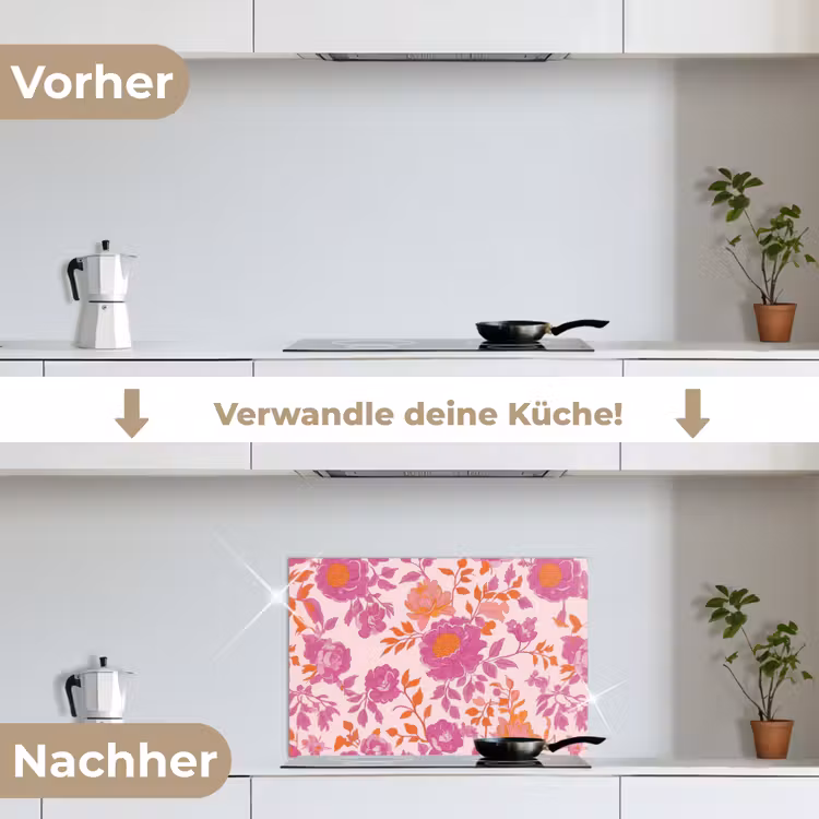 Bloemenpatroon - Roze - Oranje - Bloemen keuken achterwand spatscherm klein -voor_na_DE