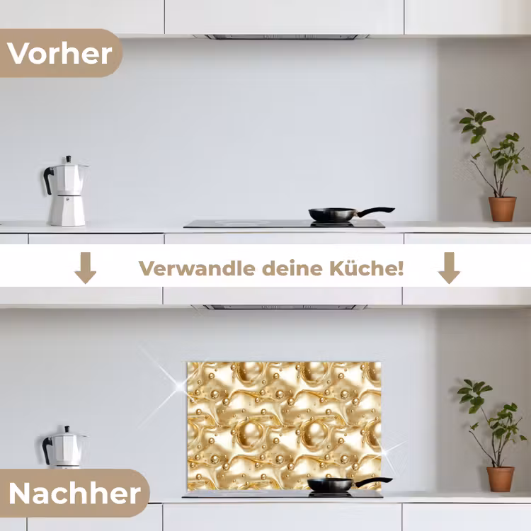 Vloeibaar - Druppels - Goud keuken achterwand spatscherm klein 900 -voor_na_DE