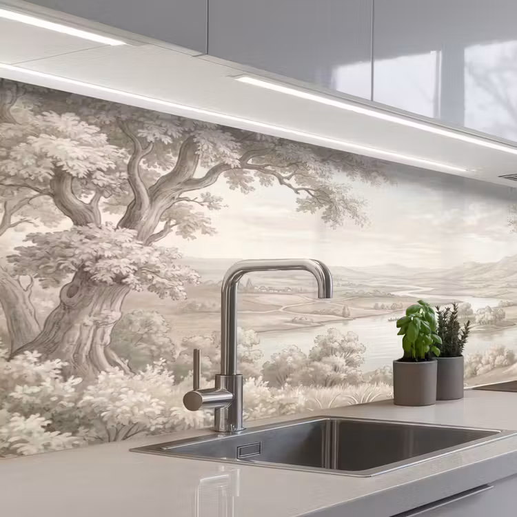 Rivierlandschap - Bergen - Natuur - Vintage - Beige keuken achterwand 2 middel -3d_schuin
