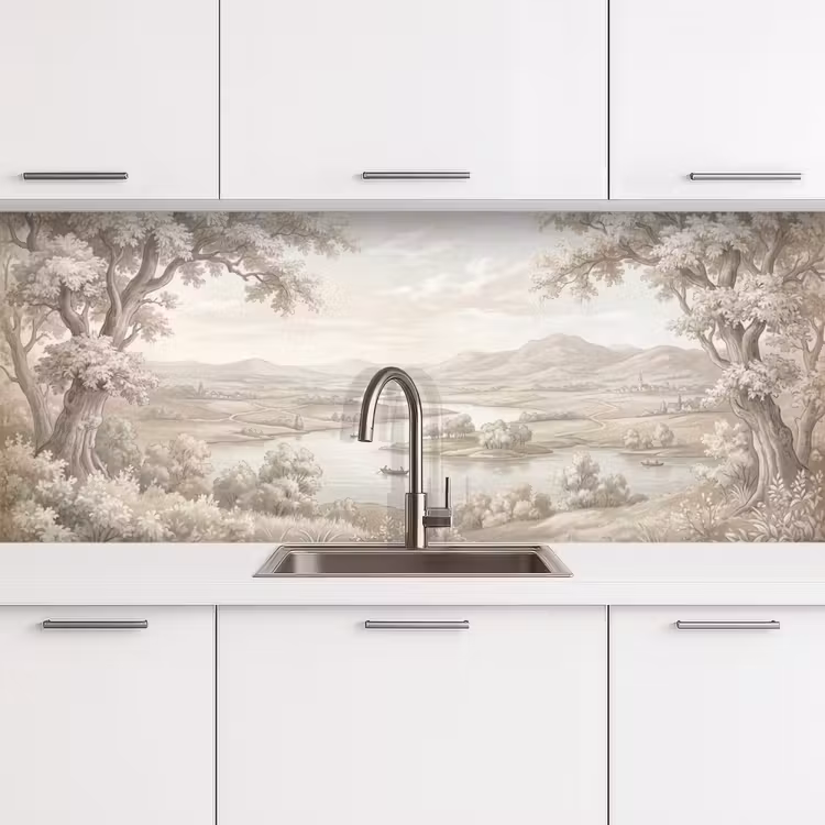 Rivierlandschap - Bergen - Natuur - Vintage - Beige keuken achterwand 2 middel -3d