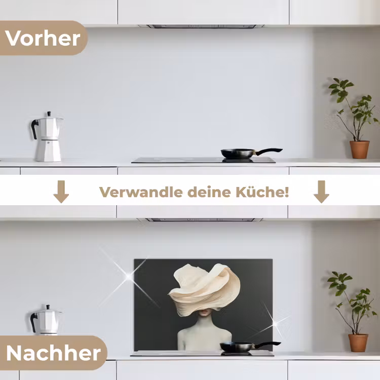 Vrouw - Beige - hoed keuken achterwand spatscherm klein -voor_na_DE