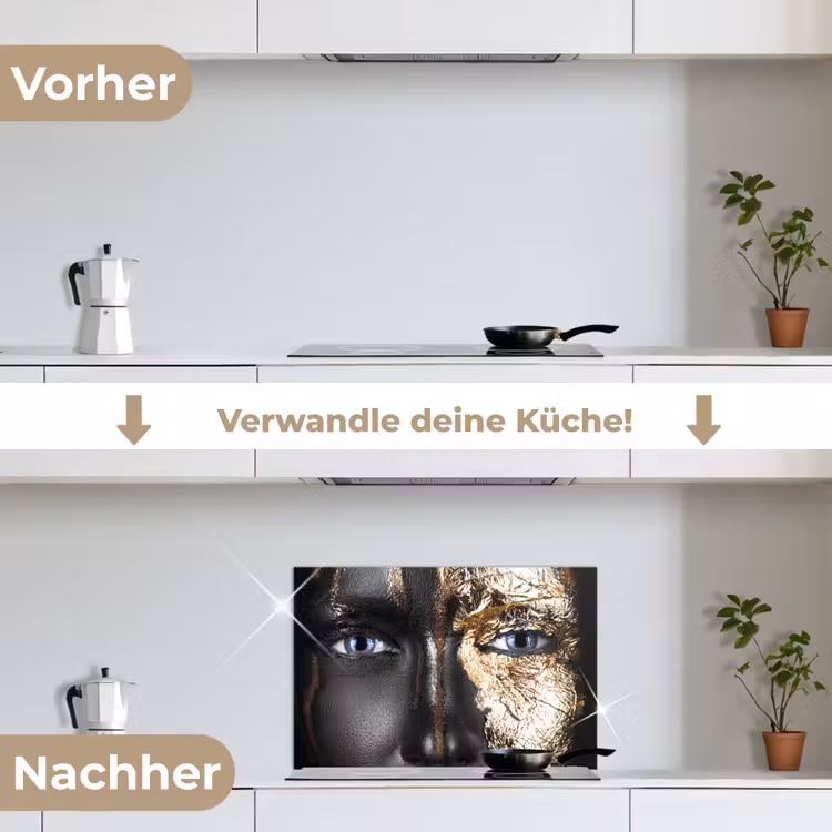 Vrouw - Bladgoud - Zwart - Goud - Luxe keuken achterwand spatscherm klein -voor_na_DE
