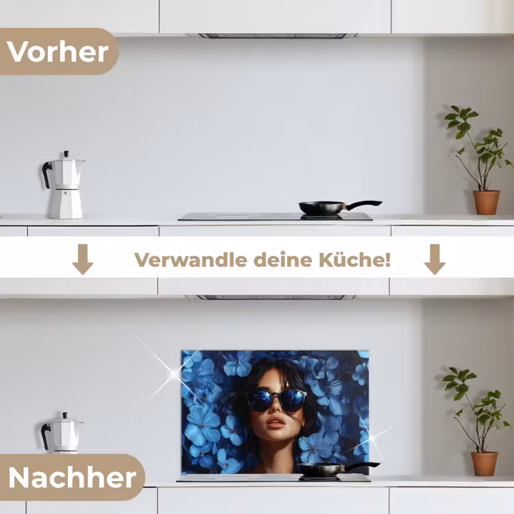 Vrouw - Blauw - Bloemen - Vlinders - Natuur keuken achterwand spatscherm klein -voor_na_DE