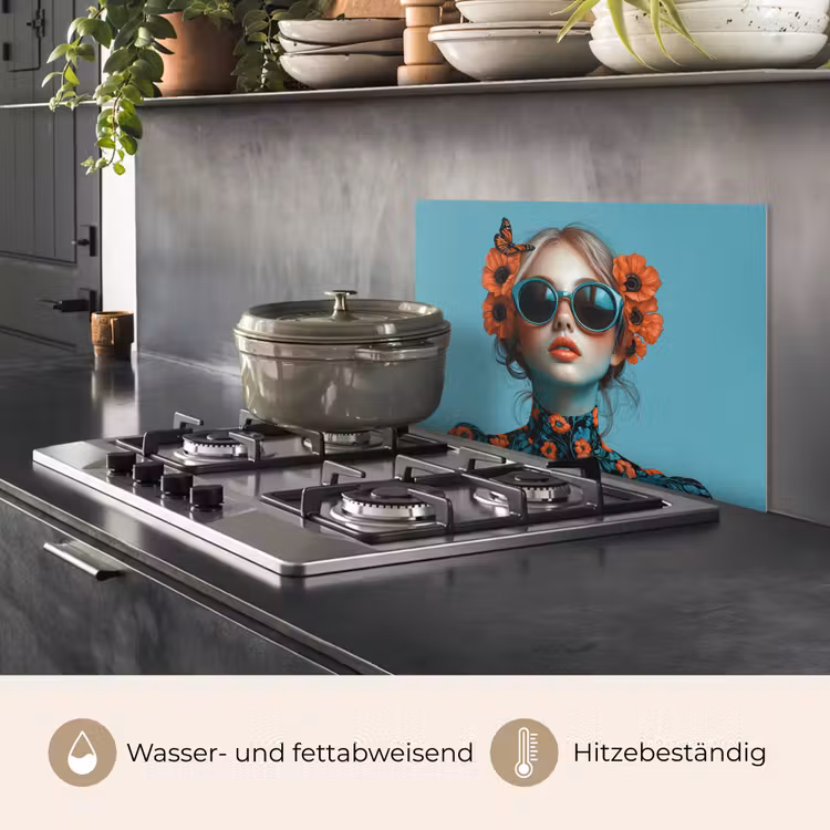Vrouw - Blauw - Vlinder - Bloemen - Aesthetic keuken achterwand spatscherm klein -usp_DE