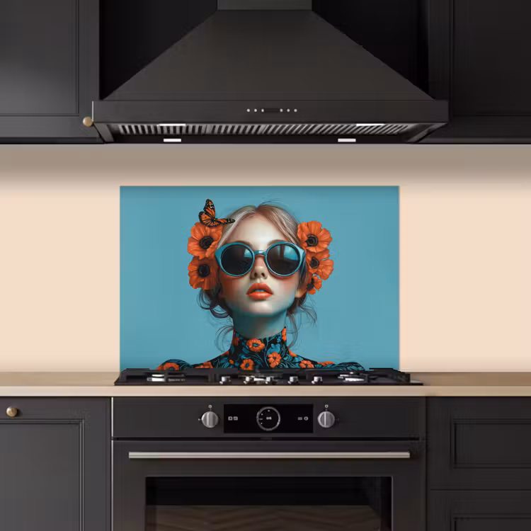 Vrouw - Blauw - Vlinder - Bloemen - Aesthetic keuken achterwand spatscherm klein -sfeer1