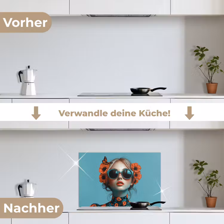 Vrouw - Blauw - Vlinder - Bloemen - Aesthetic keuken achterwand spatscherm klein -voor_na_DE