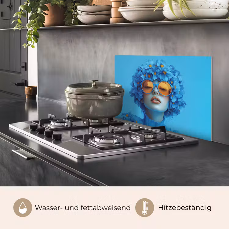 Vrouw - Bloem - Blauw - Modern - Bril - Portret keuken achterwand spatscherm klein -usp_DE