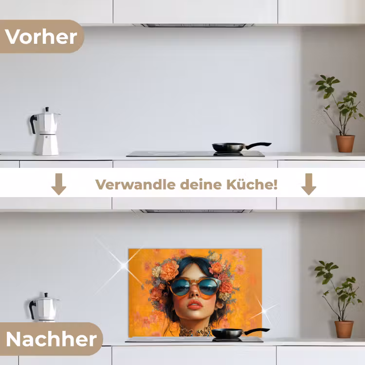 Vrouw - Bloemen - Aesthetic - Oranje keuken achterwand spatscherm klein -voor_na_DE