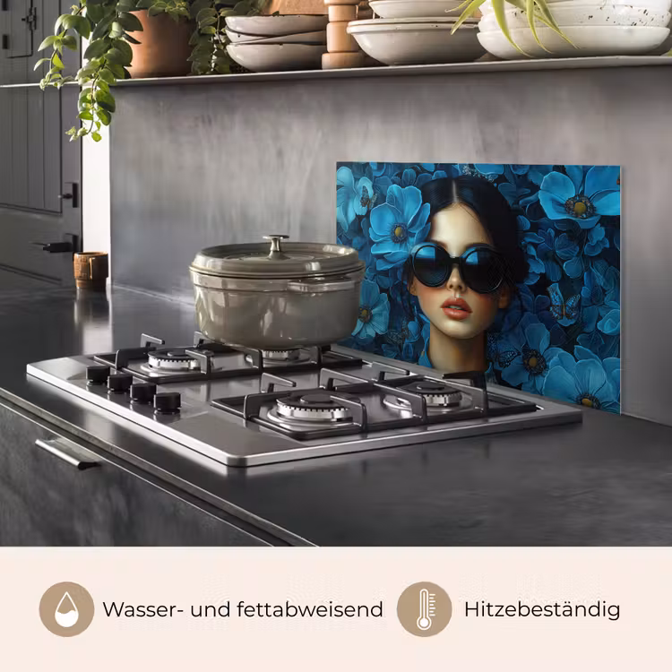 Vrouw - Bloemen - Blauw - Aesthetic - Luxe keuken achterwand spatscherm klein -usp_DE