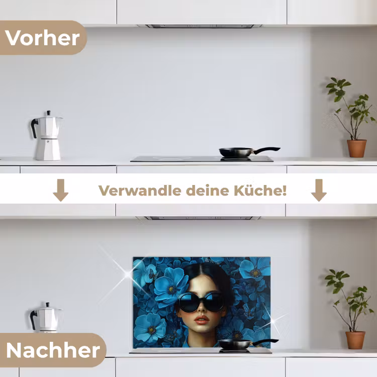 Vrouw - Bloemen - Blauw - Aesthetic - Luxe keuken achterwand spatscherm klein -voor_na_DE