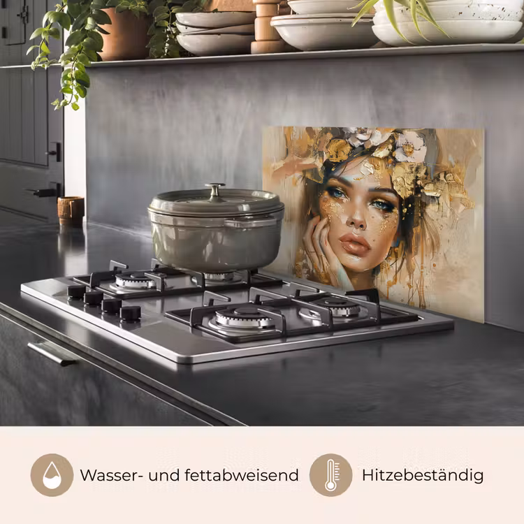 Vrouw - Bloemen - Goud - Portret keuken achterwand spatscherm klein -usp_DE