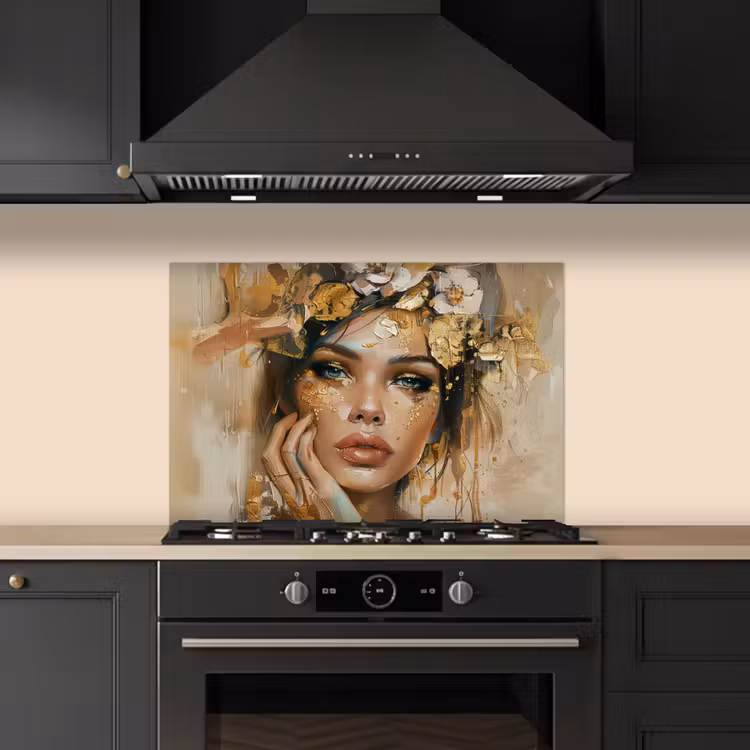Vrouw - Bloemen - Goud - Portret keuken achterwand spatscherm klein -sfeer1