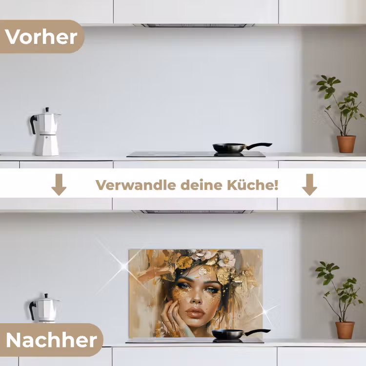 Vrouw - Bloemen - Goud - Portret keuken achterwand spatscherm klein -voor_na_DE