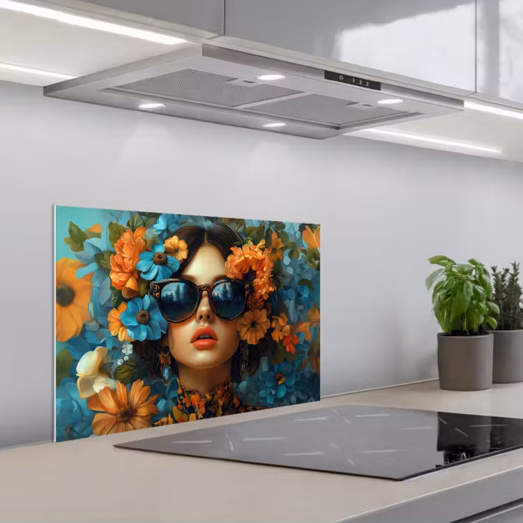 Vrouw - Bloemen - Oranje - Blauw - Modern keuken achterwand spatscherm klein -3d_schuin