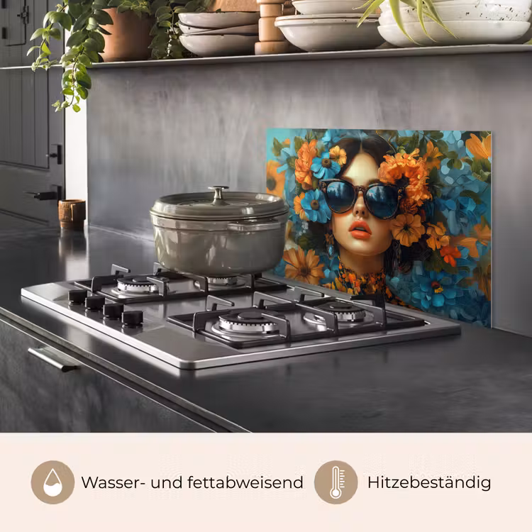 Vrouw - Bloemen - Oranje - Blauw - Modern keuken achterwand spatscherm klein -usp_DE