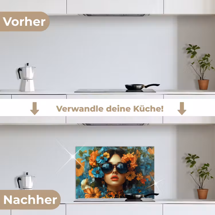 Vrouw - Bloemen - Oranje - Blauw - Modern keuken achterwand spatscherm klein -voor_na_DE