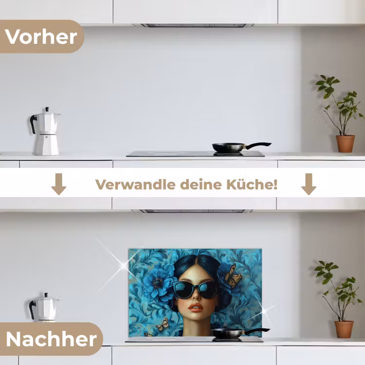 Vrouw - Bloemen - Vlinders - Blauw - Abstract keuken achterwand spatscherm klein -voor_na_DE
