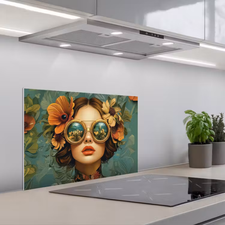 Vrouw - Bloemen - Vlinders - Natuur - Vintage keuken achterwand spatscherm klein -3d_schuin