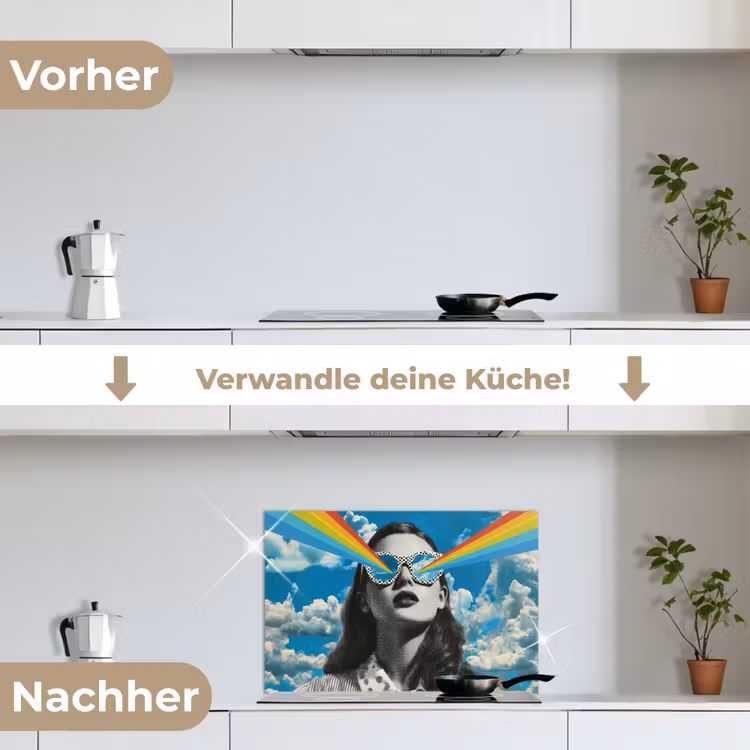 Vrouw - Bril - Regenboog - Wolken keuken achterwand spatscherm klein -voor_na_DE