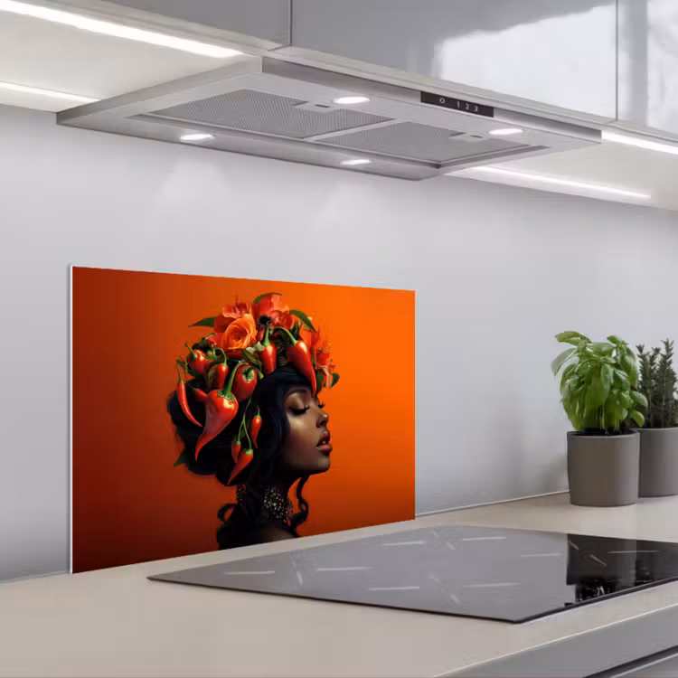 Vrouw - Chilipepers - Pepers - Bloemen keuken achterwand spatscherm klein -3d_schuin