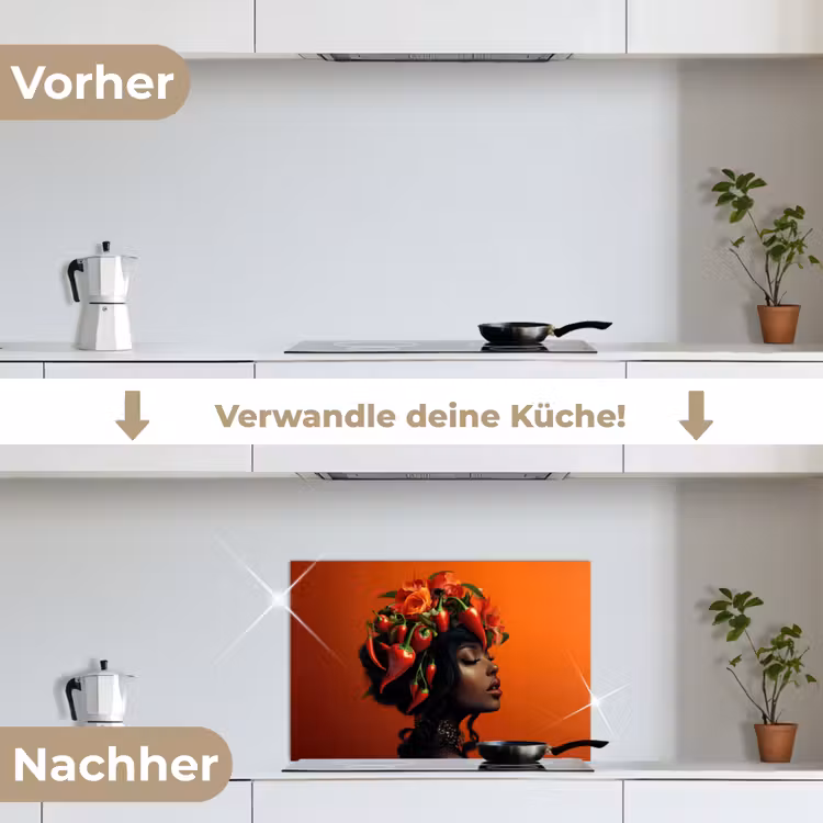 Vrouw - Chilipepers - Pepers - Bloemen keuken achterwand spatscherm klein -voor_na_DE