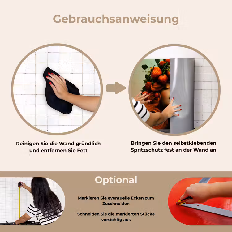 Vrouw - Aardbeien - Kroon keuken achterwand spatscherm klein -gebruiksaanwijzing_DE