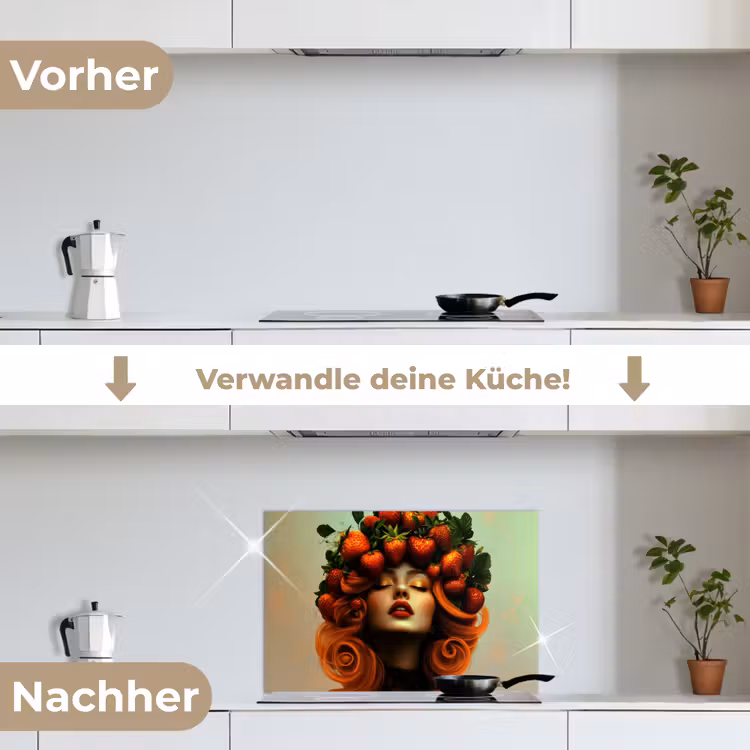 Vrouw - Aardbeien - Kroon keuken achterwand spatscherm klein -voor_na_DE