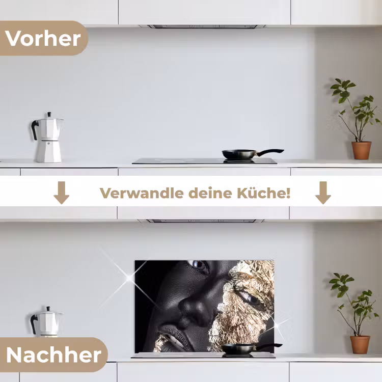 Vrouw - Goud - Zwart - Verf - Luxe keuken achterwand spatscherm klein -voor_na_DE