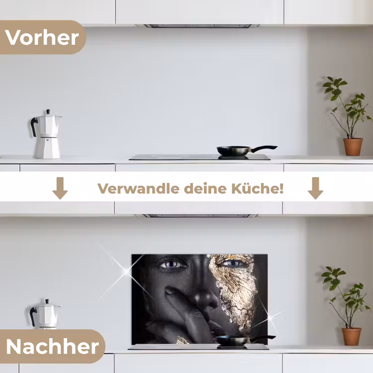 Vrouw - Goud - Zwart - Schmink - Luxe keuken achterwand spatscherm klein -voor_na_DE