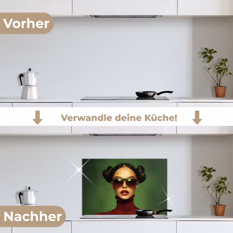 Vrouw - Groen - Bril - Aesthetic - Modern keuken achterwand spatscherm klein -voor_na_DE