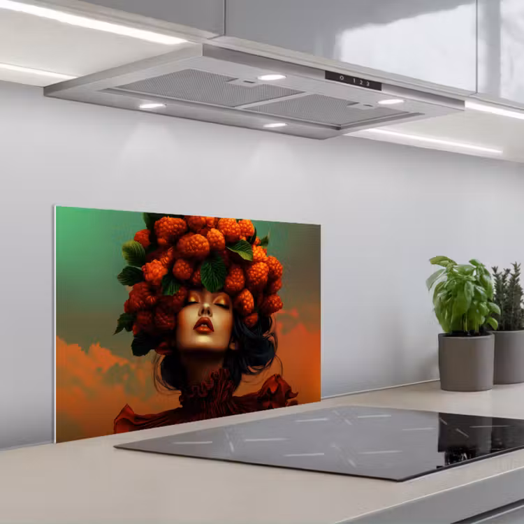 Vrouw - Frambozen - Bladeren keuken achterwand spatscherm klein -3d_schuin